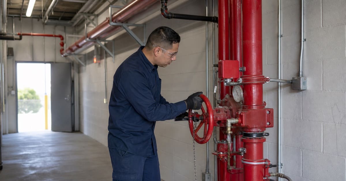 Technician inspecting a commercial fire sprinkler riser and control valve